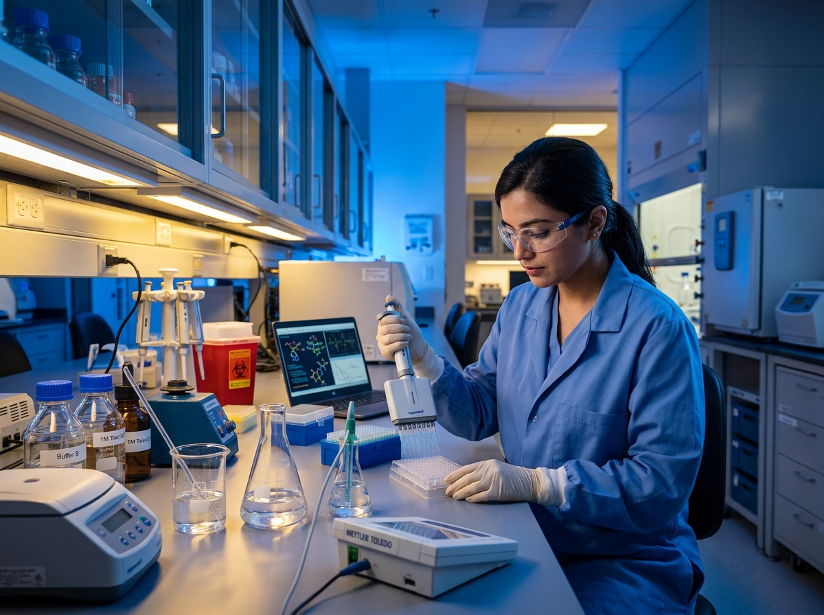 Life sciences biotechnology researcher formulating water-miscible liquid acidification solutions
