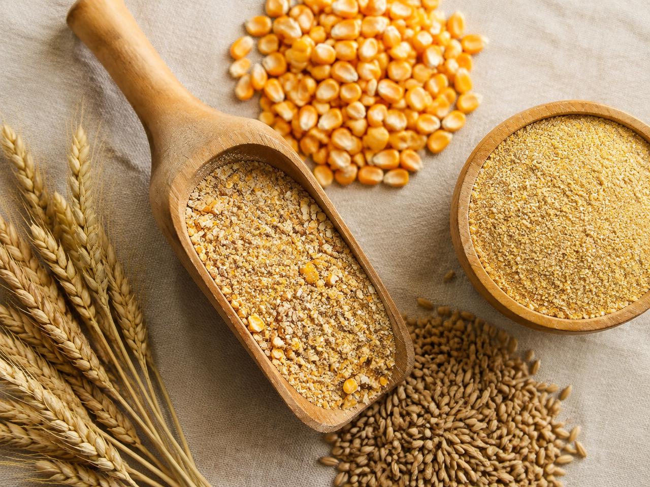 Poultry feed grains in a wooden scoop