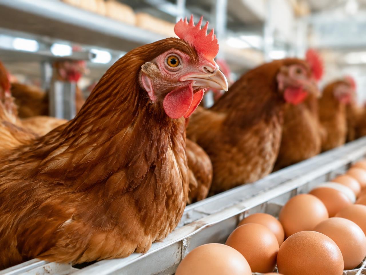 Brown laying hens in a modern layer house